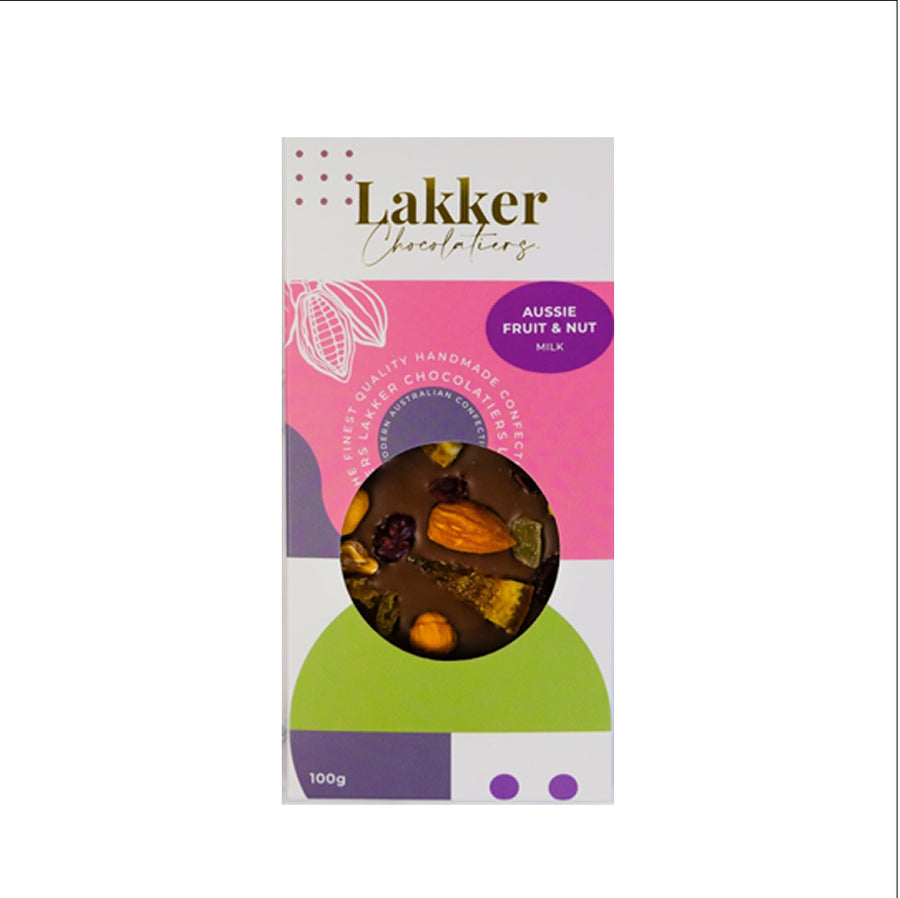 Lakker Chocolatiers Aussie Fruit and Nut Milk Chocolate Bar 100g