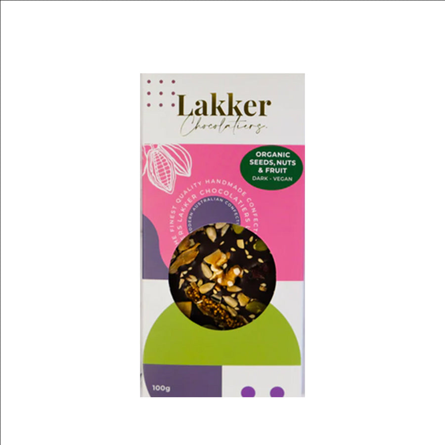 Lakker Chocolatiers Organic Seeds, Nuts and Fruit Dark Chocolate Bar VEGAN  100g