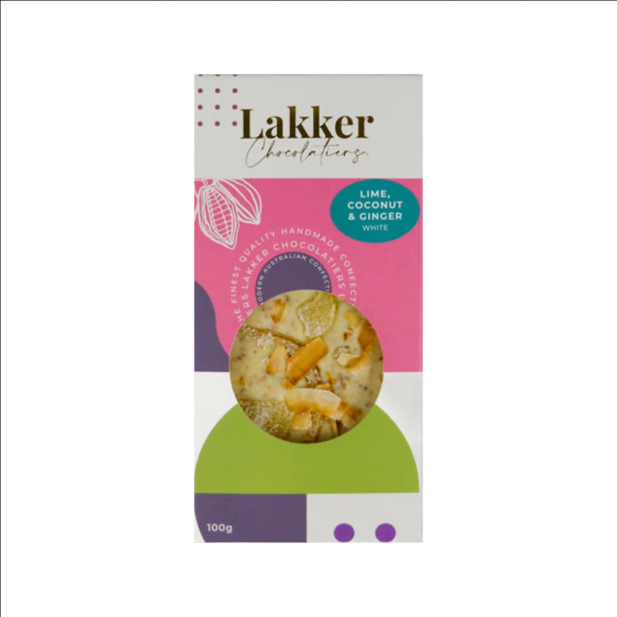 Lakker Chocolatiers Lime, Coconut and Ginger White Chocolate Bar 100g